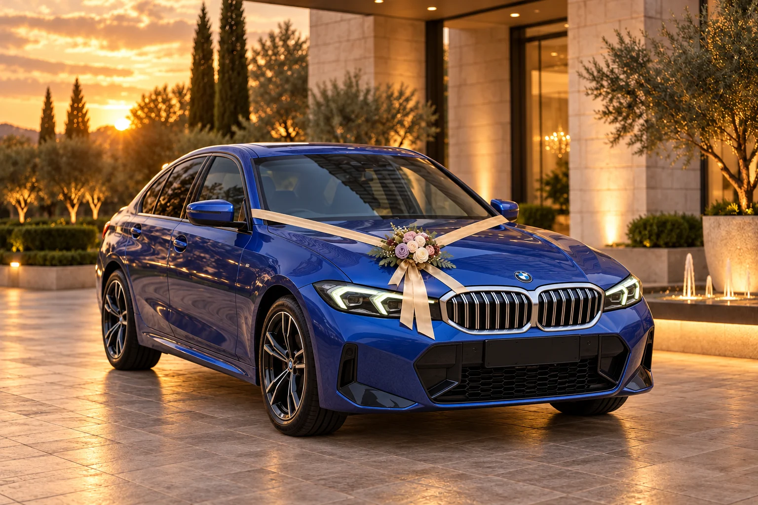 Decorated blue BMW 320i with its registration plate removed