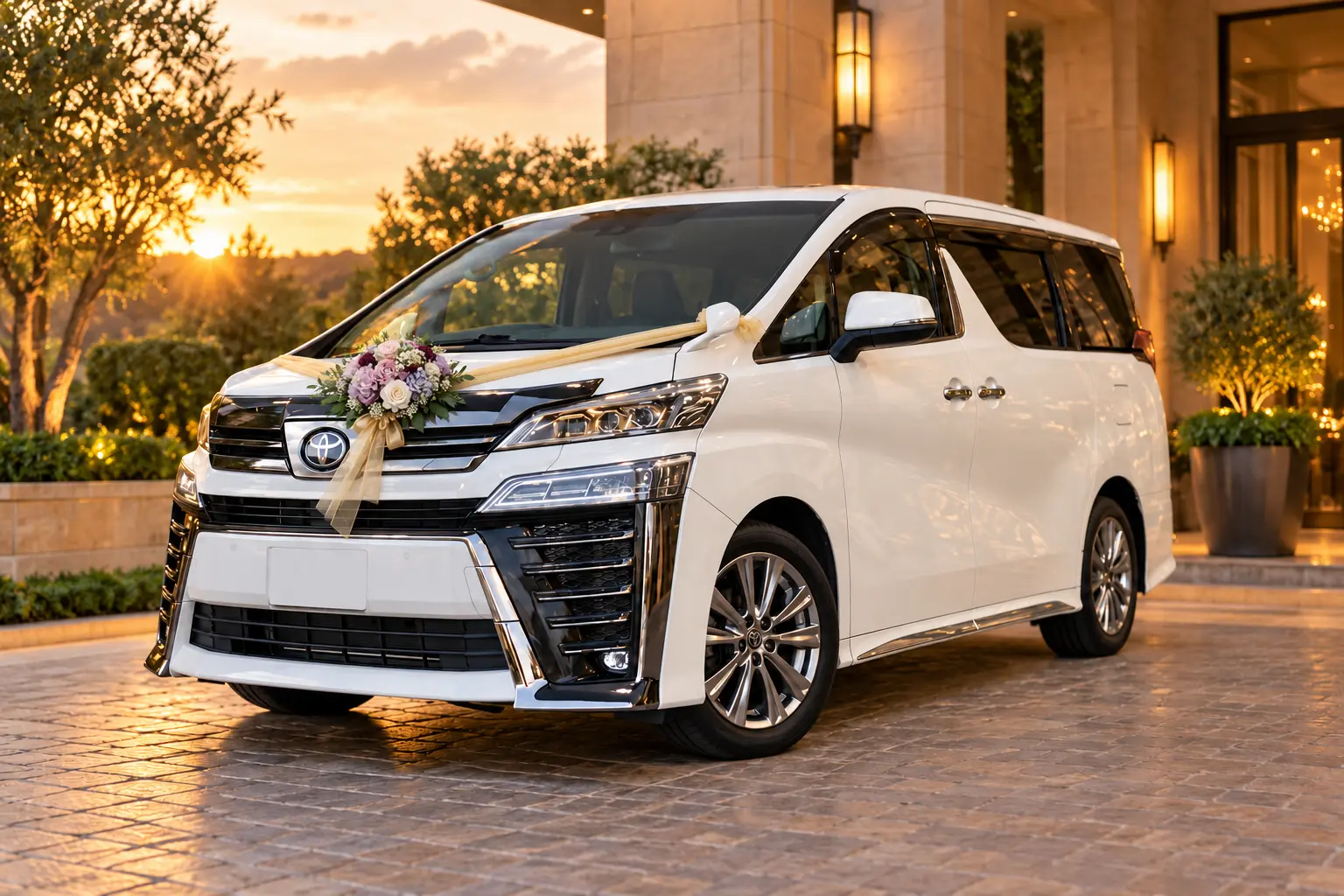 Decorated white Toyota Vellfire representative visual